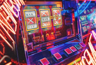 A vibrant scene featuring a classic slot machine with bright neon lights surrounding it. The slot machine displays symbols like 'Bar' and '7' and is set in a lively arcade environment. Reflections and colorful lighting add a sense of excitement and motion.